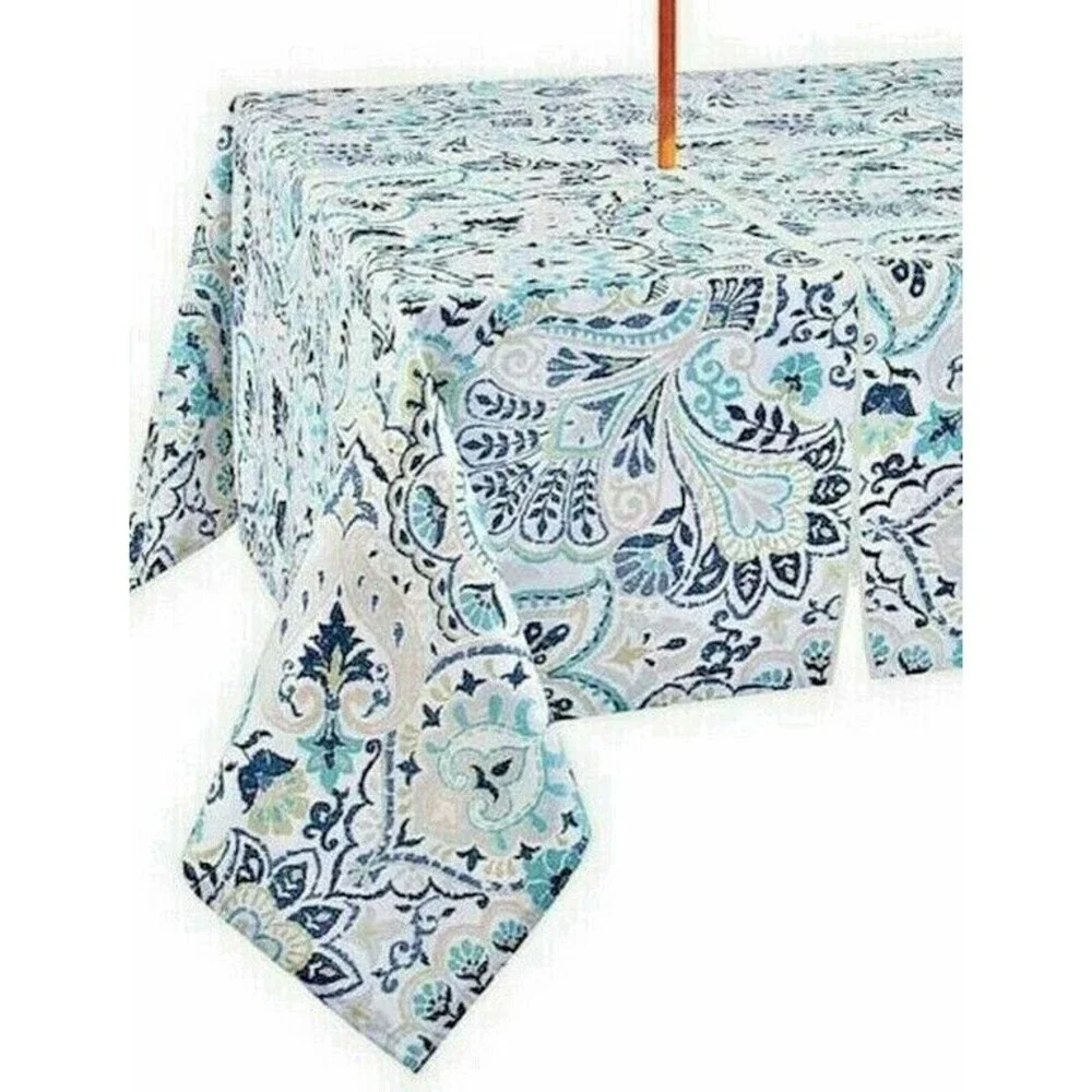 Liberty Blue Paisley Fabric Tablecloth 60x84 Umbrella Hole Zipper Outdoor Beach